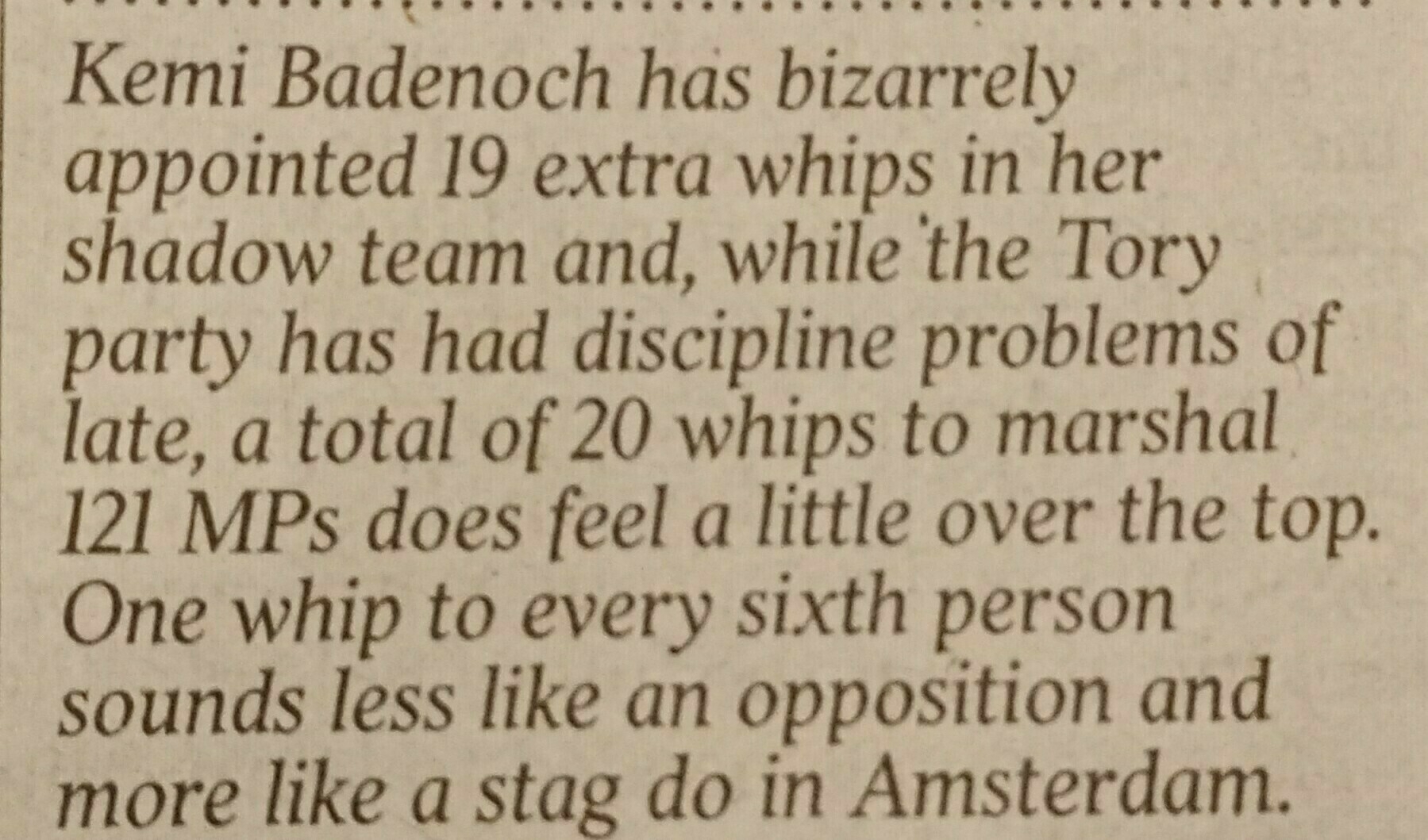 Kemi Badenoch has bizarrely appointed 19 extra whips in her shadow team and, while the Tory party has had discipline problems of late, a total of 20 whips to marshal 121 MPs does feel a little over the top. One whip to every sixth person sounds less like an opposition and more like a stag do in Amsterdam  (from today's Times).